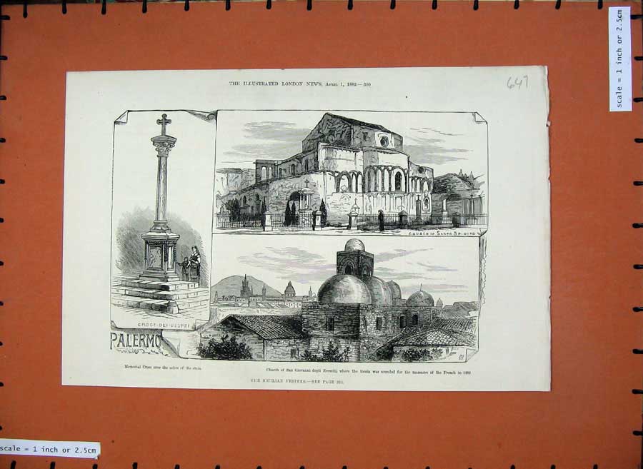 Old Antique Print 1882 Sicilian Vespers Memorial Palermo Church Spirito 19th