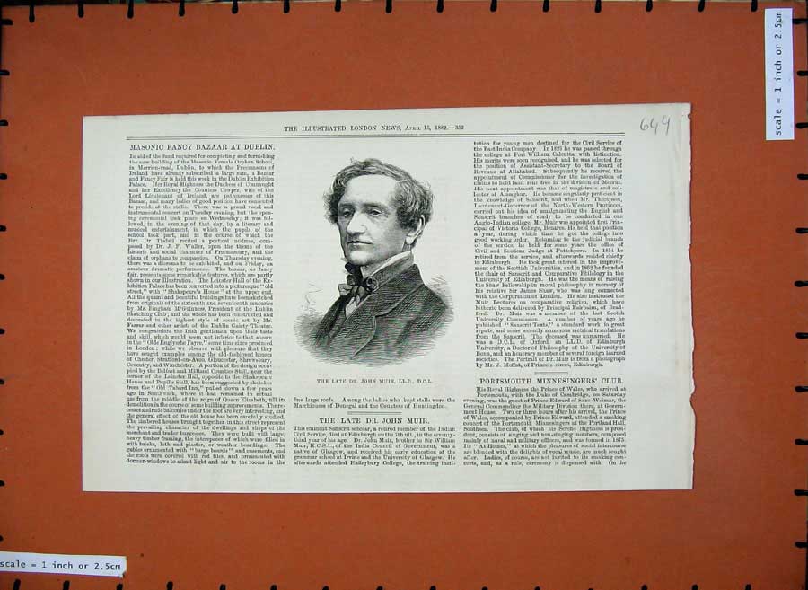 Original Old Antique Print 1882 Portrait Dr John Muir Man Edinburgh Victorian