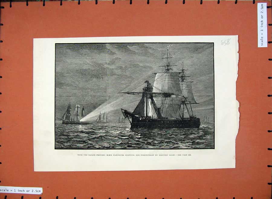 Original Old Antique Print H.M.S Cleopatra 1882 Foretopmast Electric Light Ship