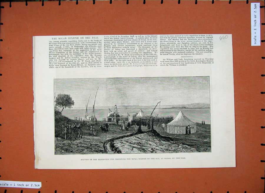 Original Old Antique Print 1882 Station Expedition Total Eclipse Sun Sohag Nile