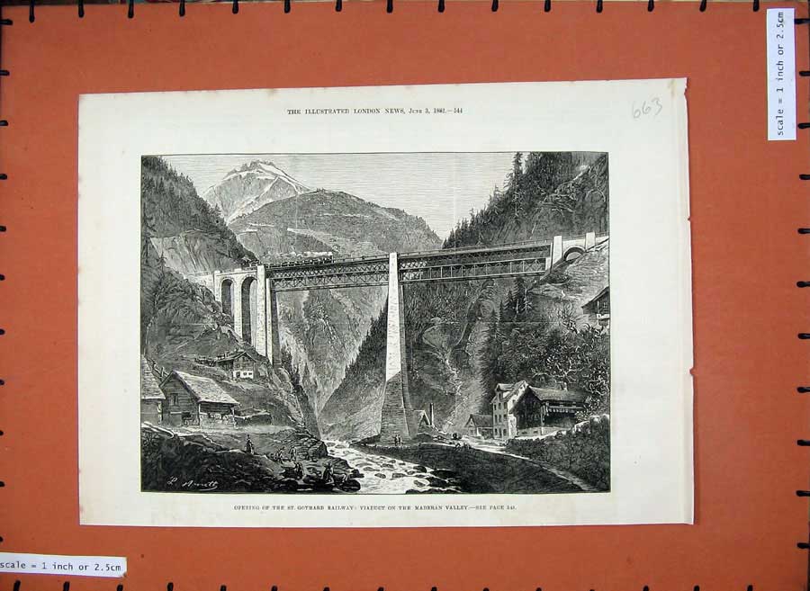 Old Antique Print 1882 St Gothard Railway Viaduct Maderan Valley Mountain 19th