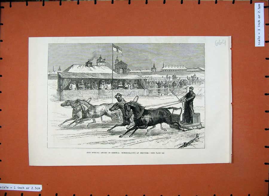 Original Old Antique Print 1882 Siberia Horse Racing Irkutsk Sledge Sport 19th