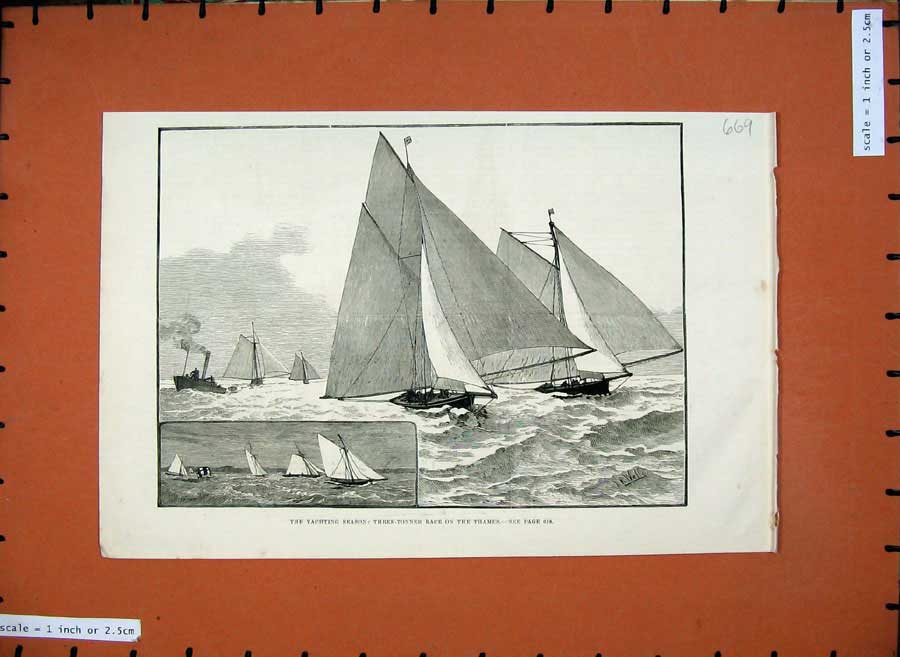 Original Old Antique Print 1882 Yachting Three-Tonner Race River Thames Sailing