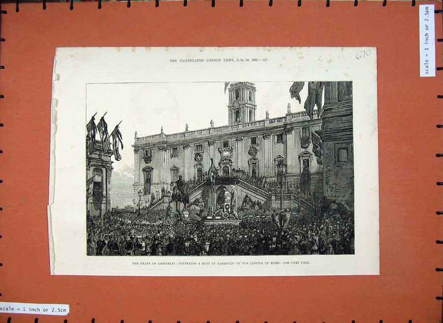 Old Antique Print 1882 Death Garibaldi Bust Capitol Rome Building Fine Ar 19th