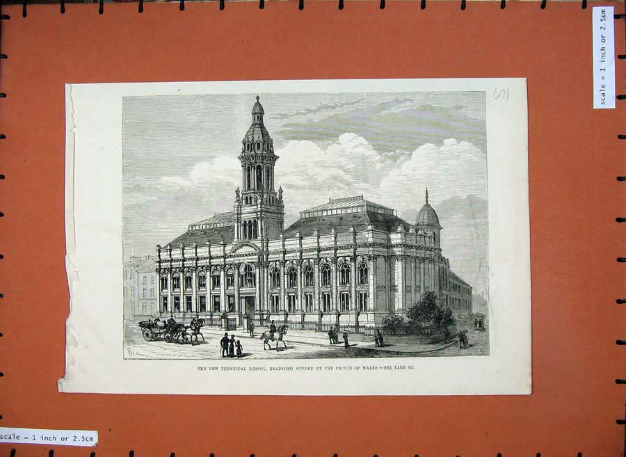 Original Old Antique Print 1882 Technical School Bradford Prince Wales Building
