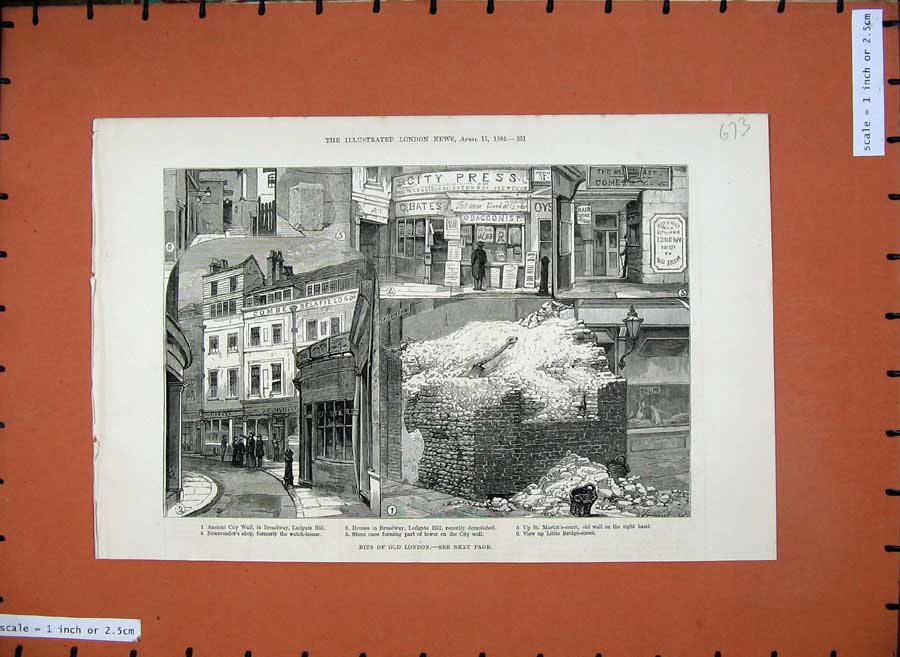 Original Old Antique Print 1882 London Ludgate Hill Broadway Newsvender'S Shop