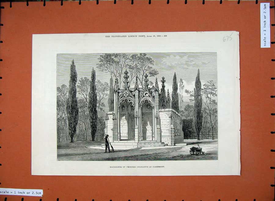 Old Antique Print 1882 Mausoleum Princess Charlotte Claremont Trees Art 19th