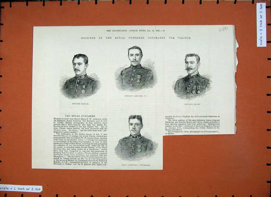Original Old Antique Print 1882 Siers Royal Fusiliers Taylor Ashford Henry Men