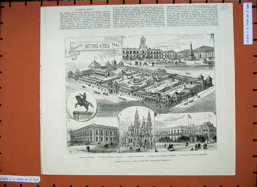 Original Old Antique Print 1882 Buenos Aires Exhibition Building Chapel Martin