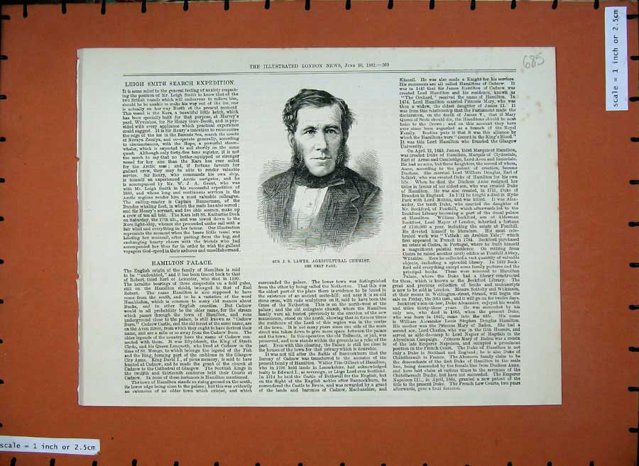 Original Old Antique Print 1882 Portrait Sir Lawes Agricultural Chemist Man