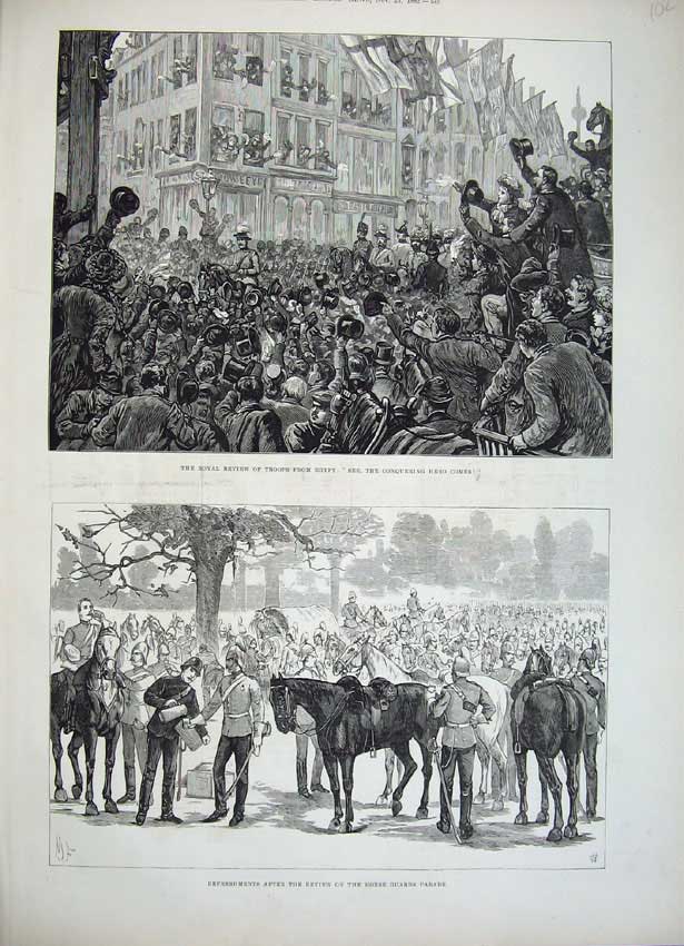 Original Old Antique Print 1882 Royal Review Troops Egypt Army War Horses Siers