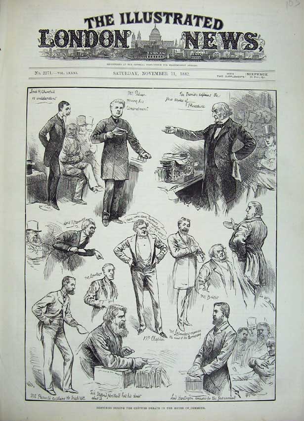 Original Old Antique Print 1882 Cloture Debate House Commons Government 19th
