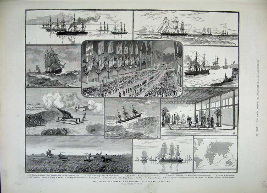 Original Old Antique Print 1882 Ship H.M.S Inconstant Flying Squadron Australia