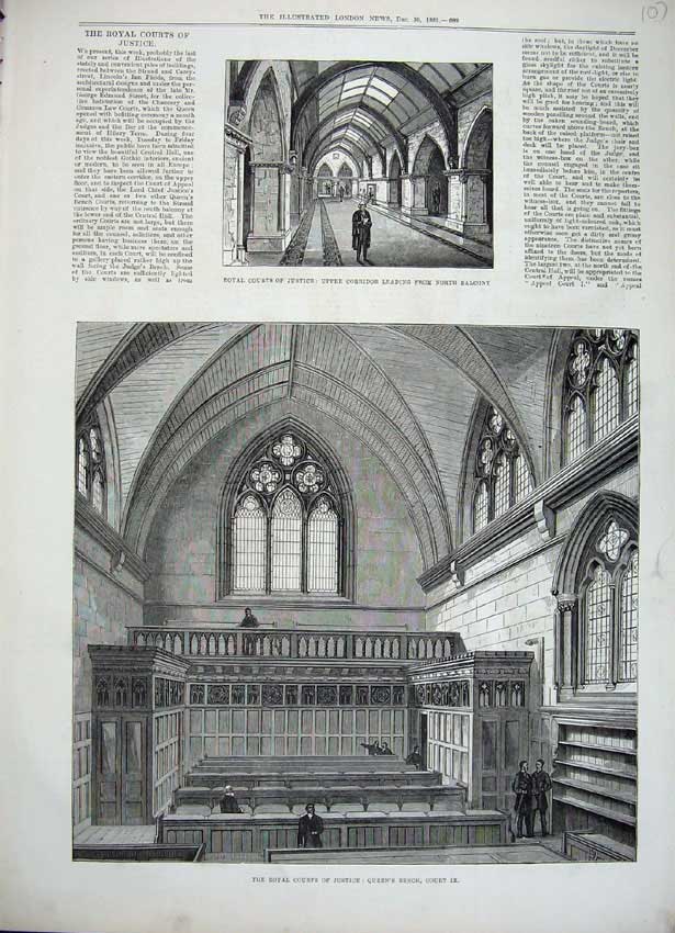 Original Old Antique Print 1882 Royal Courts Justice Queens Bench Corridor 19th