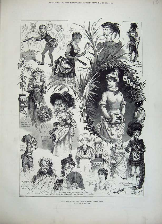 Original Old Antique Print 1882 Costumes Christmas Fancy Dress Ball Egypt Roman