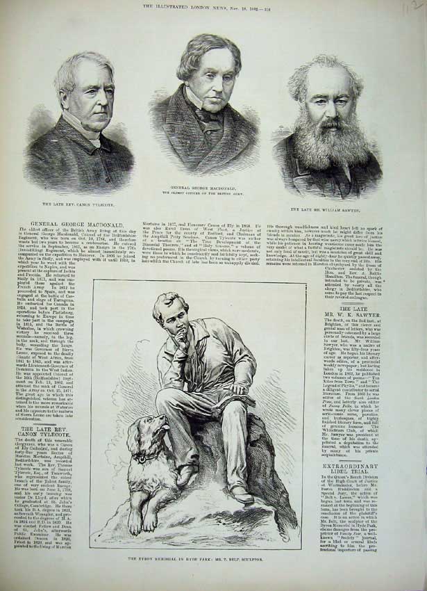 Old Antique Print 1882 General Macdonald Sawyer Tylecote Byron Memorial 19th