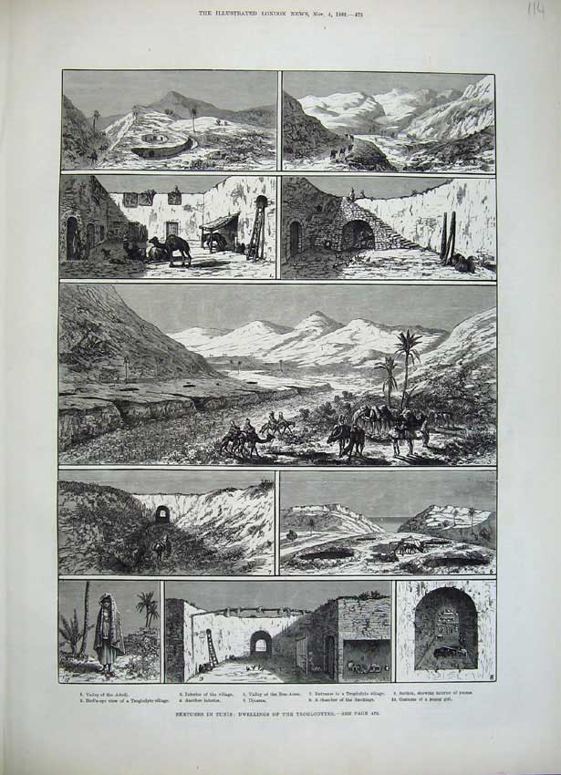 Old Antique Print Tunis 1882 Valley Adeji Mountains Djuama Girl Costume 19th