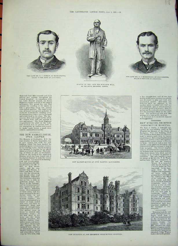 Old Antique Print 1882 Statue Rowland Hill Brompton Hospital Dobson Men 19th