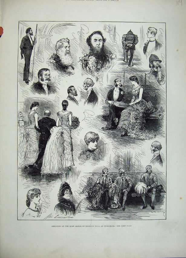 Original Old Antique Print 1882 Lord Mayor London Ball Guildhall Men Women 19th