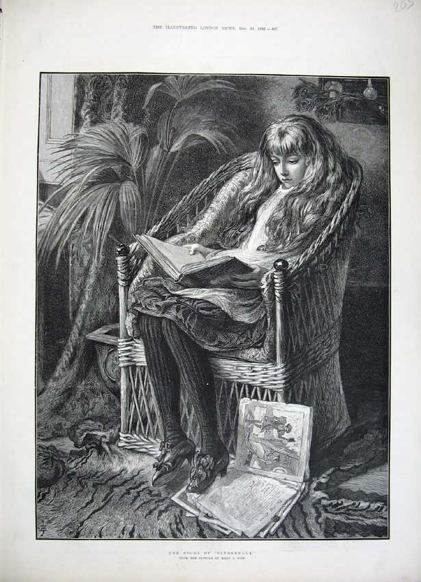 Old Antique Print 1882 Fine Art Young Girl Chair Reading Cinderella Book 19th