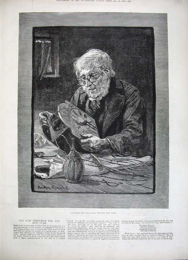 Original Old Antique Print 1882 Knowles Fine Art Man Cleaning Clock New Year