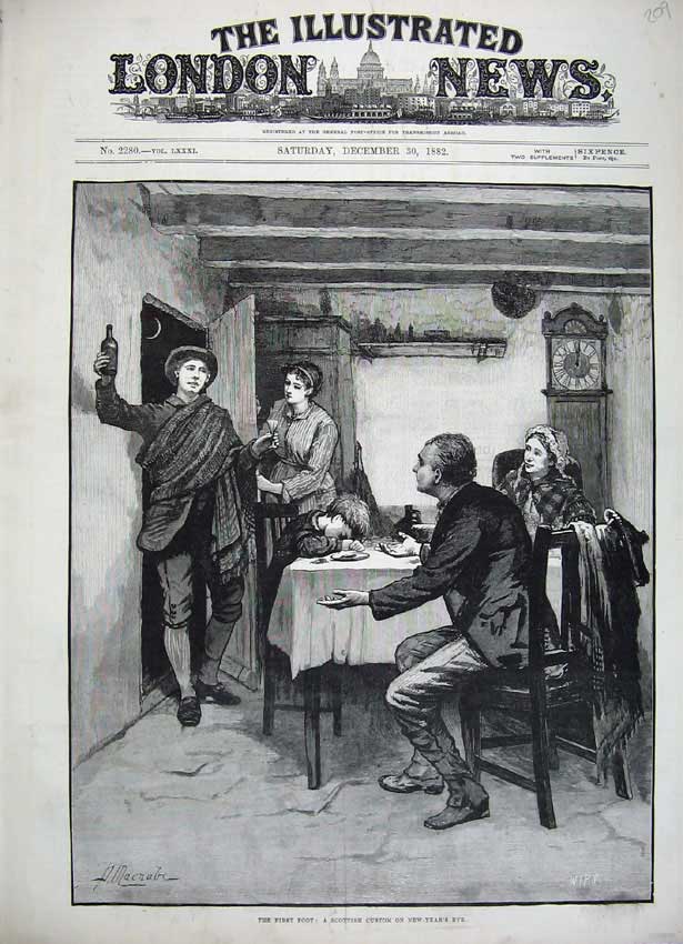 Original Old Antique Print Fine Art 1882 First Foot Scottish New Year Custom