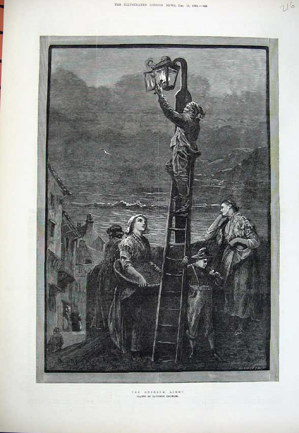 Original Old Antique Print 1882 Guiding Light Man Lantern Sea Women Knowles
