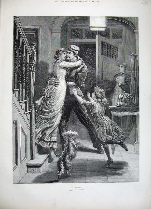Original Old Antique Print 1882 Sier Returning Home War House Children Woman