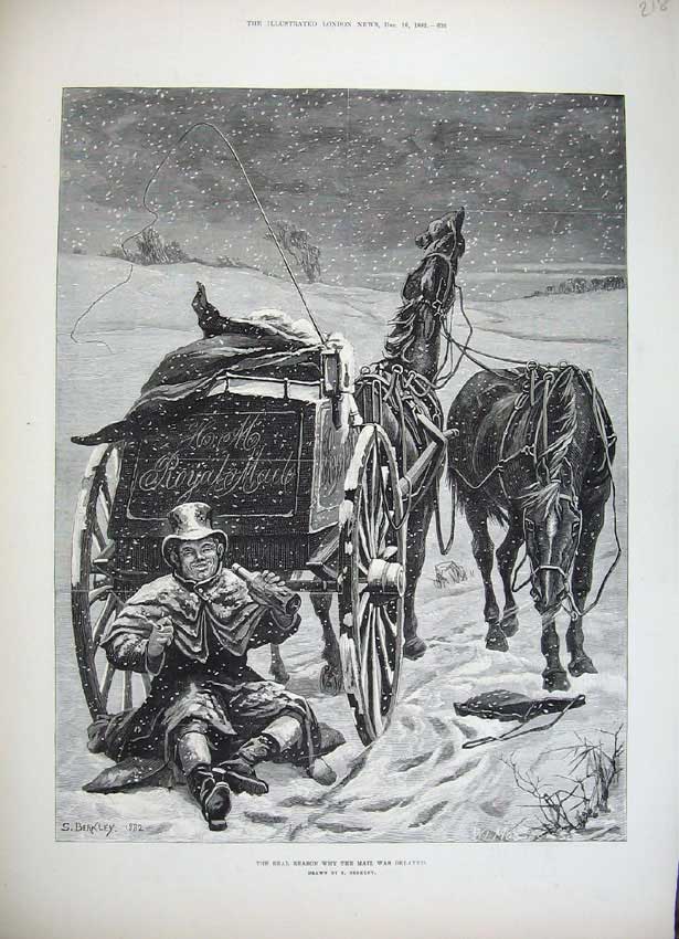 Old Antique Print 1882 Beakley Fine Art Postman Horse Cart Snow Mail Man 19th