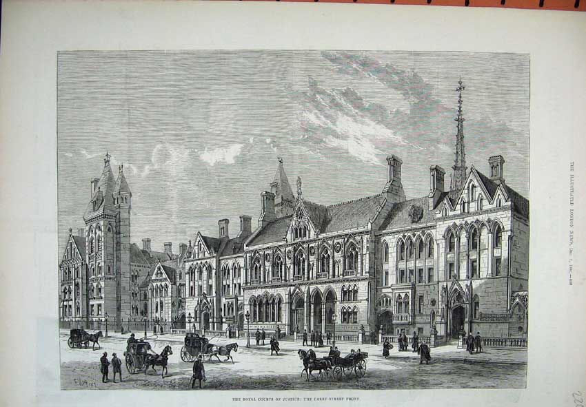 Old Antique Print 1882 Royal Courts Justice Carey Street Buidlings Horses 19th