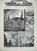 Old Antique Print 1882 Alhambra Theatre Fire Flames Ruins Buildings Art 19th