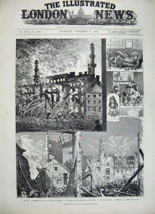 Old Antique Print 1882 Alhambra Theatre Fire Flames Ruins Buildings Art 19th