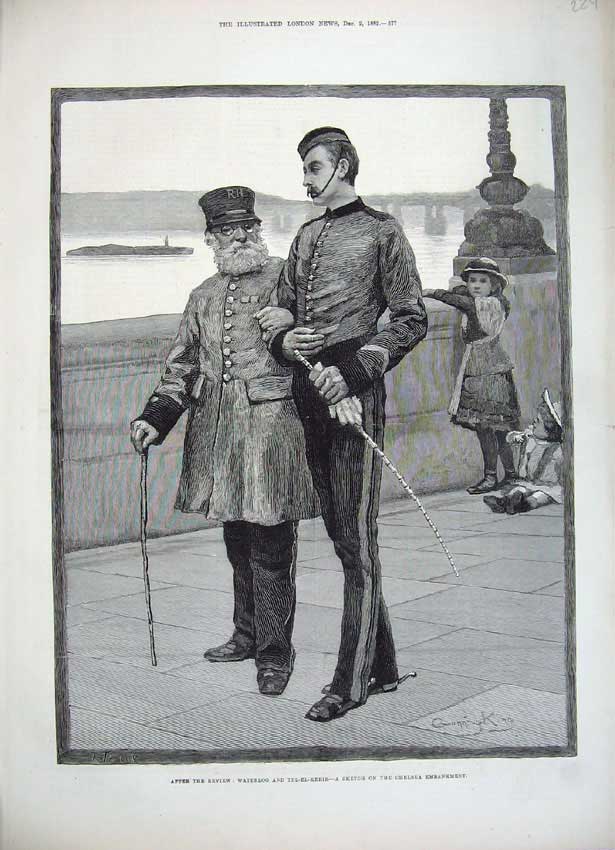 Original Old Antique Print 1882 Chelsea Embankment Siers Army Man Children 19th