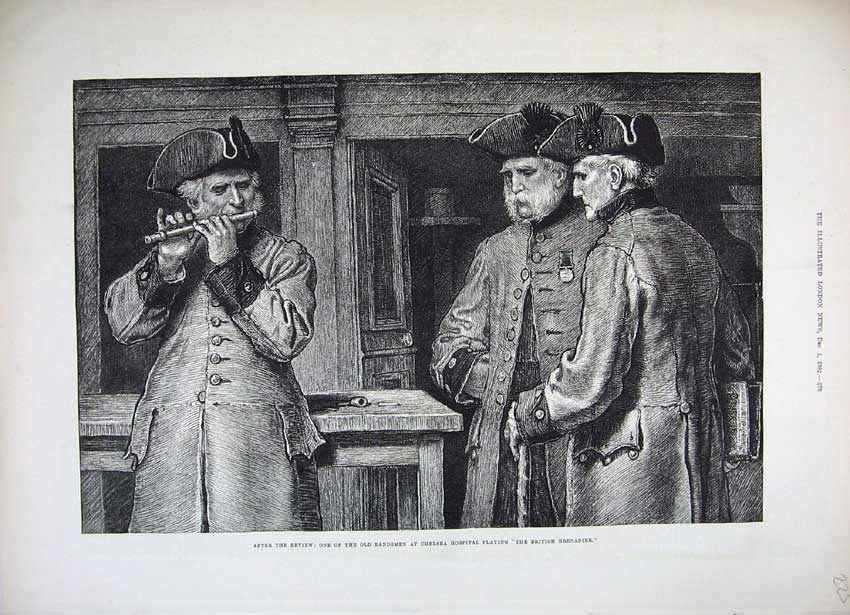 Original Old Antique Print 1882 Bandsmen Chelsea Hospital Music Grenadier Art