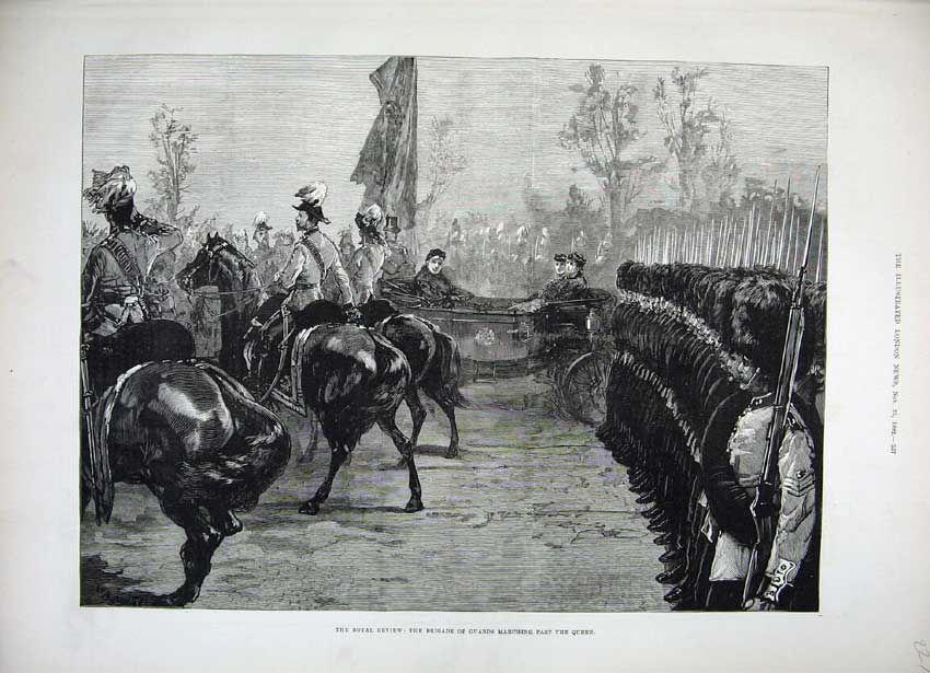 Original Old Antique Print 1882 Royal Review Brigade Guards Marching Queen Army