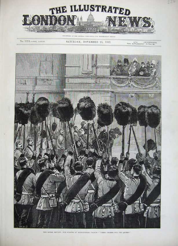 Original Old Antique Print 1882 Royal Review Guards Buckingham Palace Queen Art