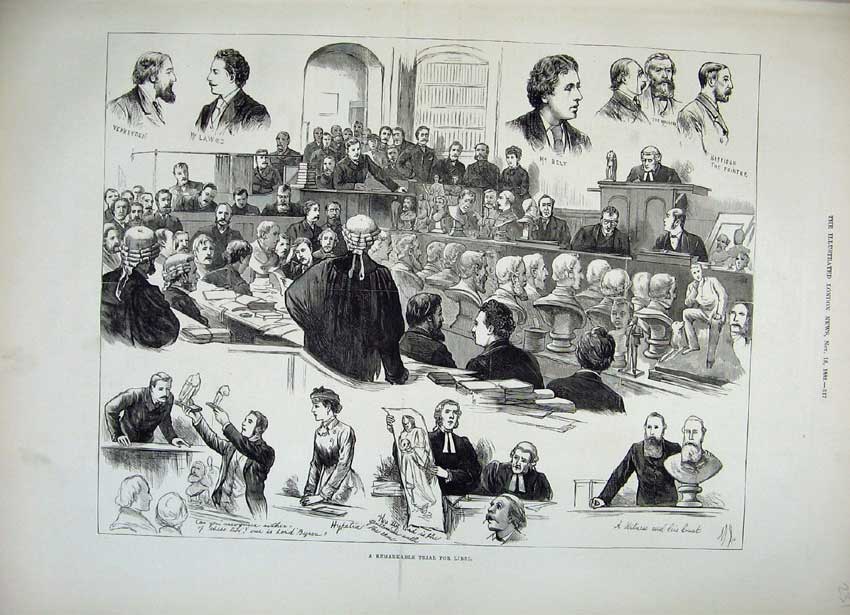 Original Old Antique Print 1882 Court Room Trial Libel Judge Harrison Lawes Men