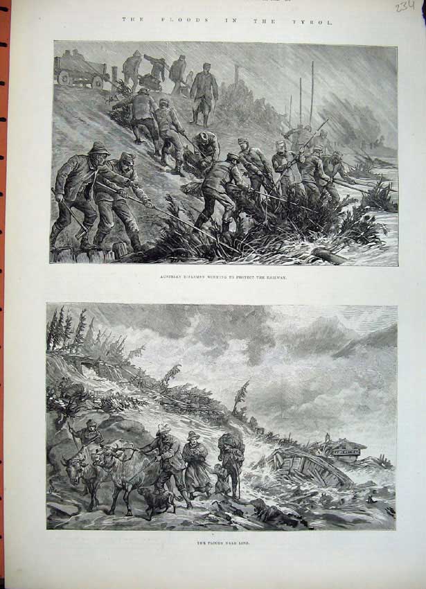 Old Antique Print 1882 Floods Tyrol Austrain Riflemen Railway Linz Army 19th