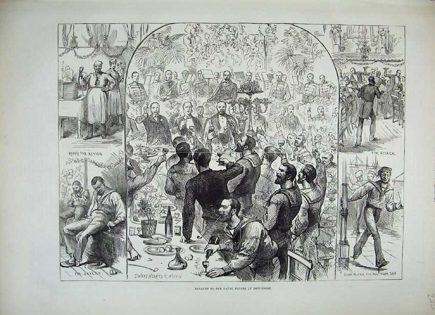 Original Old Antique Print 1882 Banquet Naval Forces Devonport Army Men Women
