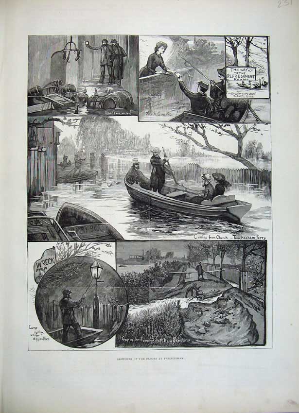 Old Antique Print 1882 Floods Twickenham Kew Gardens Ferry Lamp River Art 19th