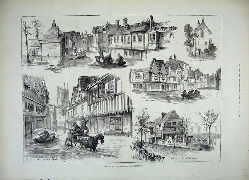 Old Antique Print 1882 Floods Canterbury Postman Houses Friar'S Mill Boat 19th