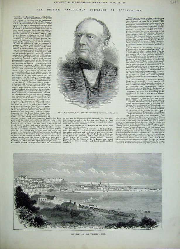 Old Antique Print 1882 Siemens President Congress Southampton Houses Sea 19th