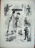 Original Old Antique Print 1882 Rain Umbrella Man Woman Romance Policeman Boy