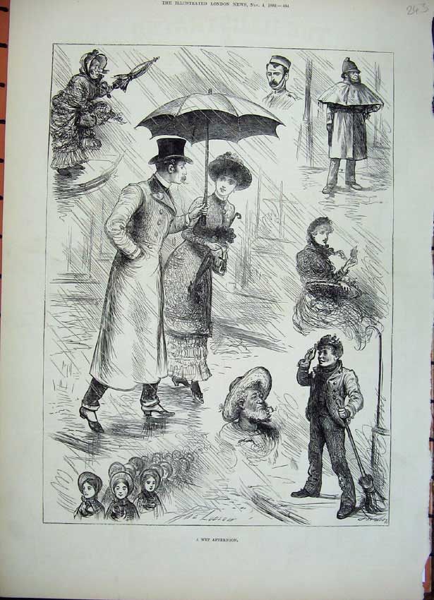 Original Old Antique Print 1882 Rain Umbrella Man Woman Romance Policeman Boy