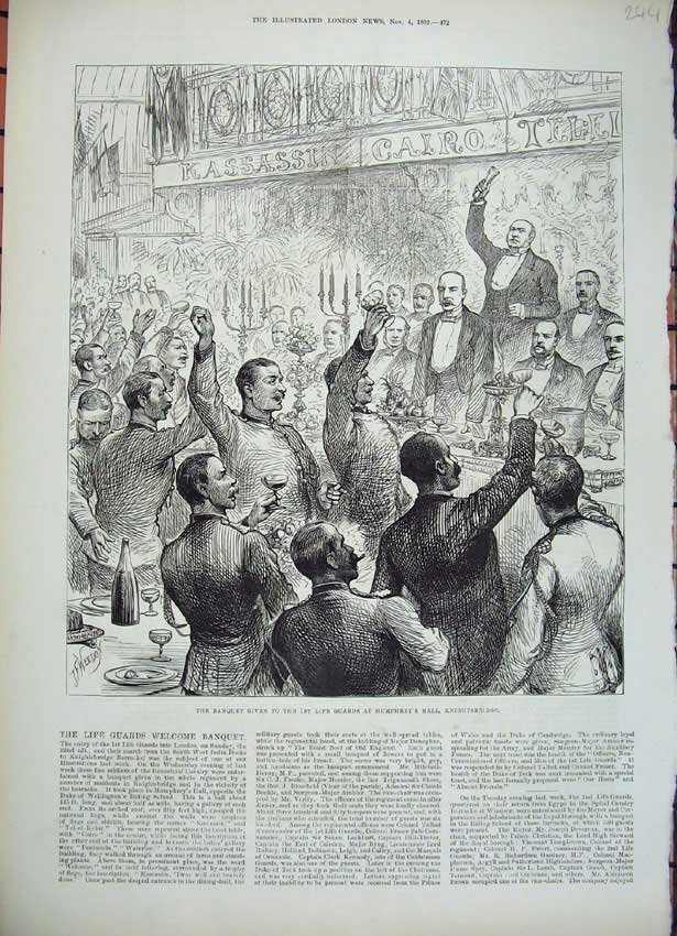 Old Antique Print 1882 Banquet Life Guards Humphrey'S Hall Knightsbridge 19th