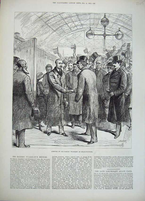 Old Antique Print 1882 Arrival Sir Garnet Wolseley Charing Cross Station 19th