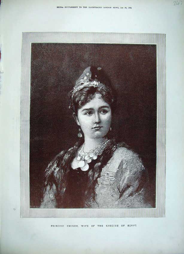 Old Antique Print 1882 Sepia Portrait Princess Emineh Wife Khedive Egypt 19th