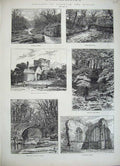 Old Antique Print 1882 Teesdale Rokeby Eglistone Abbey Dairy Bridge Greta 19th