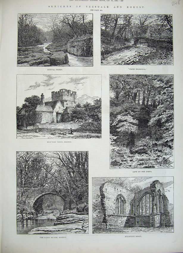 Old Antique Print 1882 Teesdale Rokeby Eglistone Abbey Dairy Bridge Greta 19th