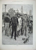 Original Old Antique Print 1882 Fine Art Army Recruits Men Child Woman Dog 19th